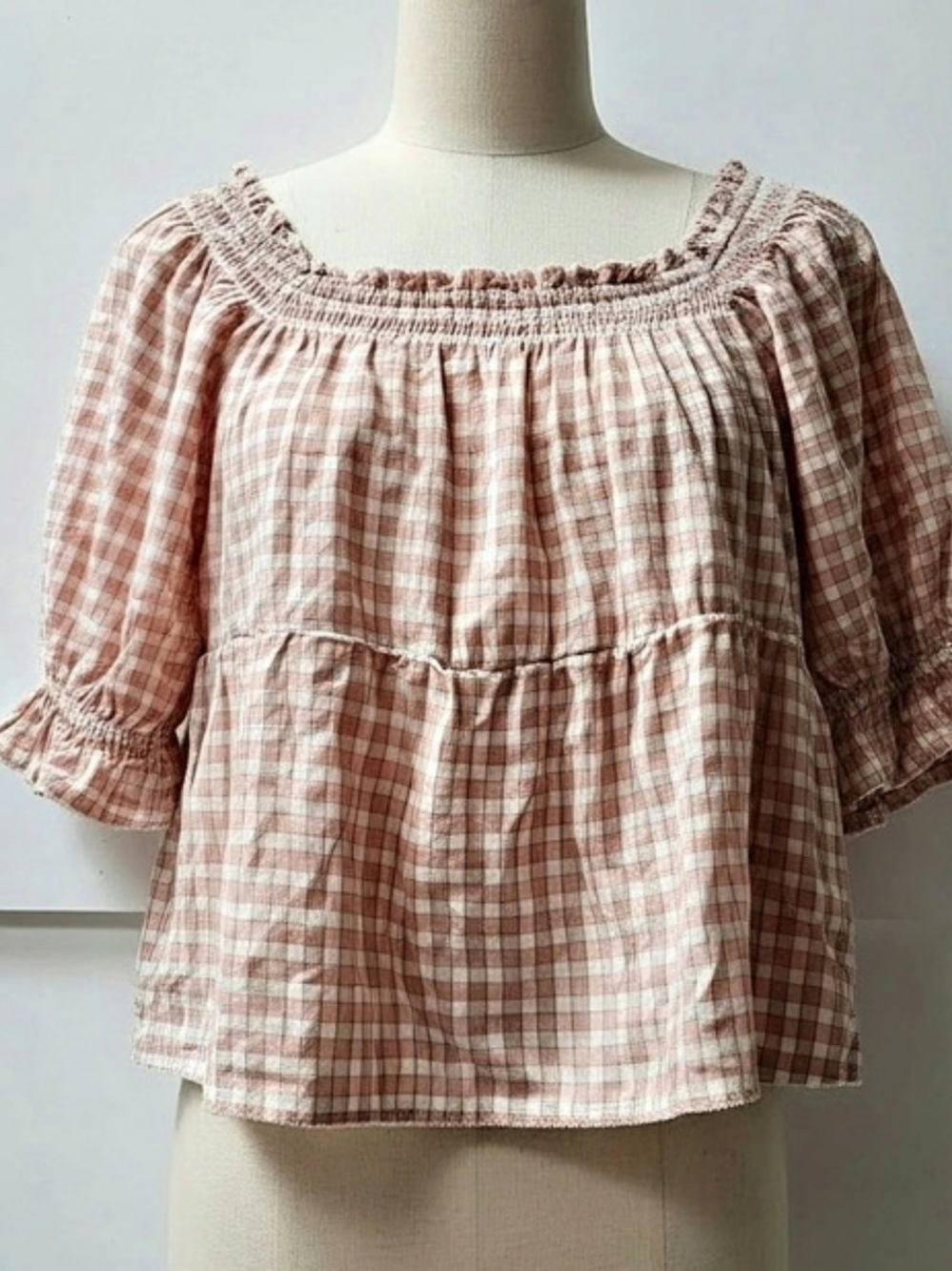 Old Navy Gingham Puff Sleeve Blouse in Orange & White Size Medium NWT